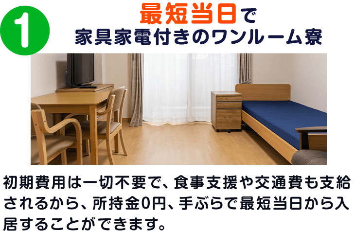 最短当日で家具家電付きのワンルーム寮