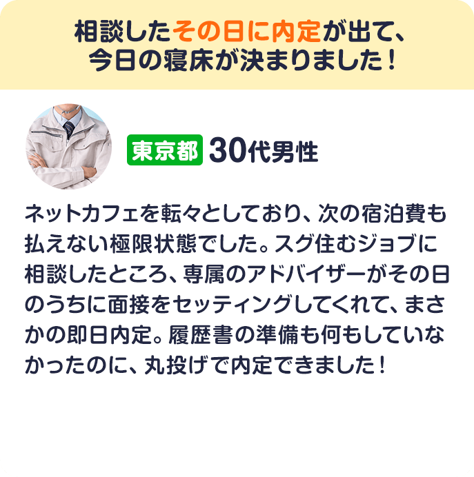 相談したその日に内定が出て、明日からの寝床が決まりました！